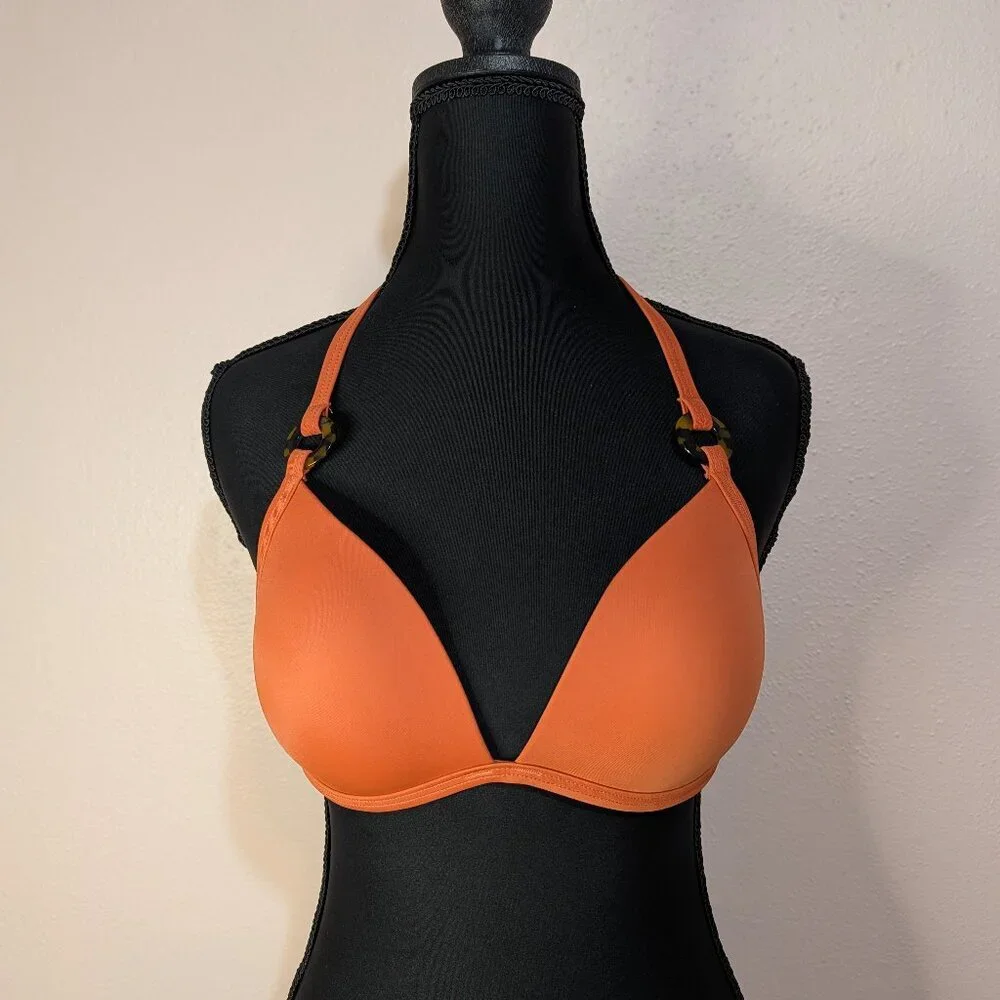 ⭐VS PINK Medium Padded Halter Swim Top Apple Cinnamon Orange Bra Ring Accents⭐ - Picture 1 of 9